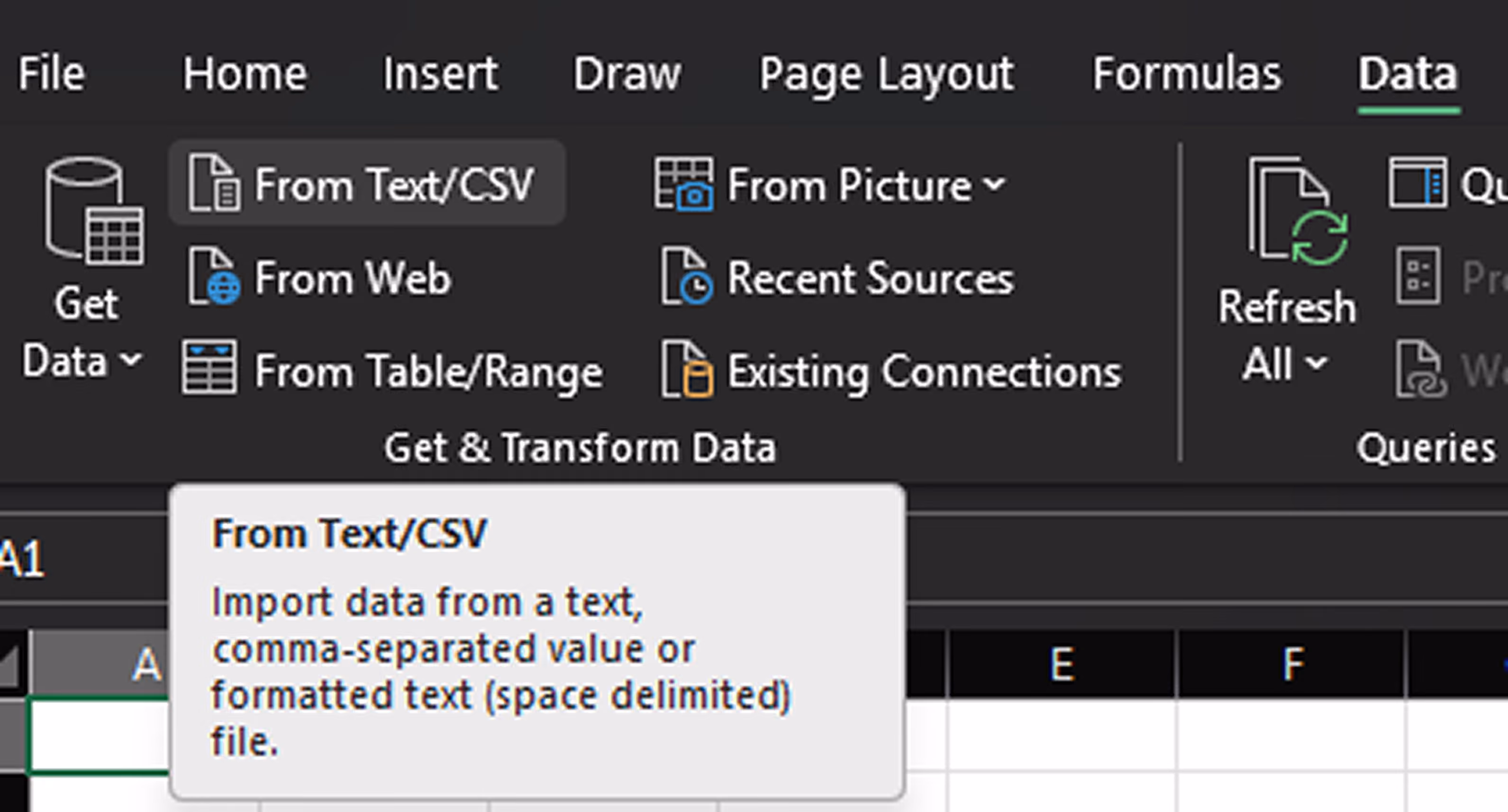 Excel Data tab showing the From Text/CSV option in the Get & Transform Data group