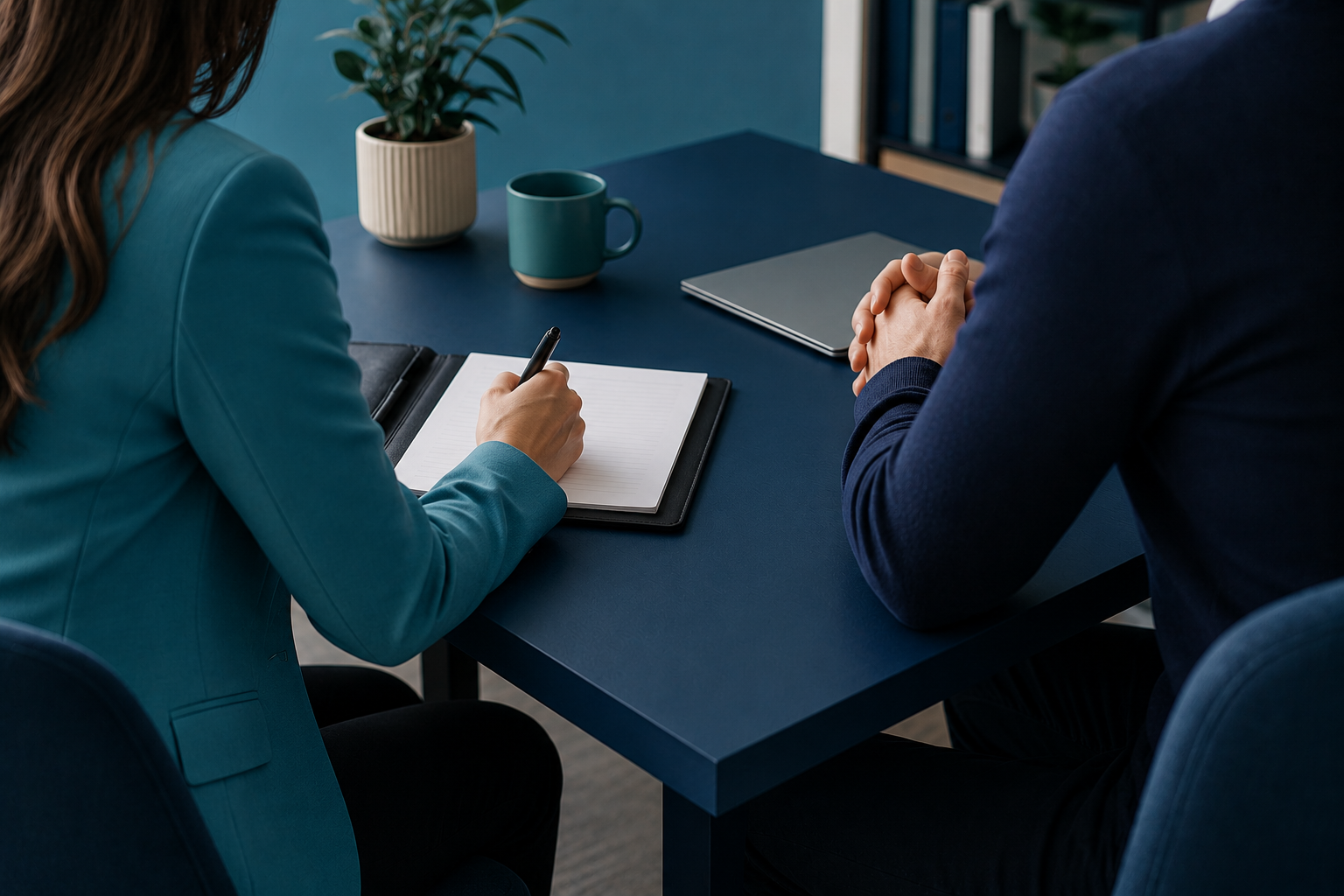Two people sitting at a blue table, one writing in a notebook, the other with folded hands.
