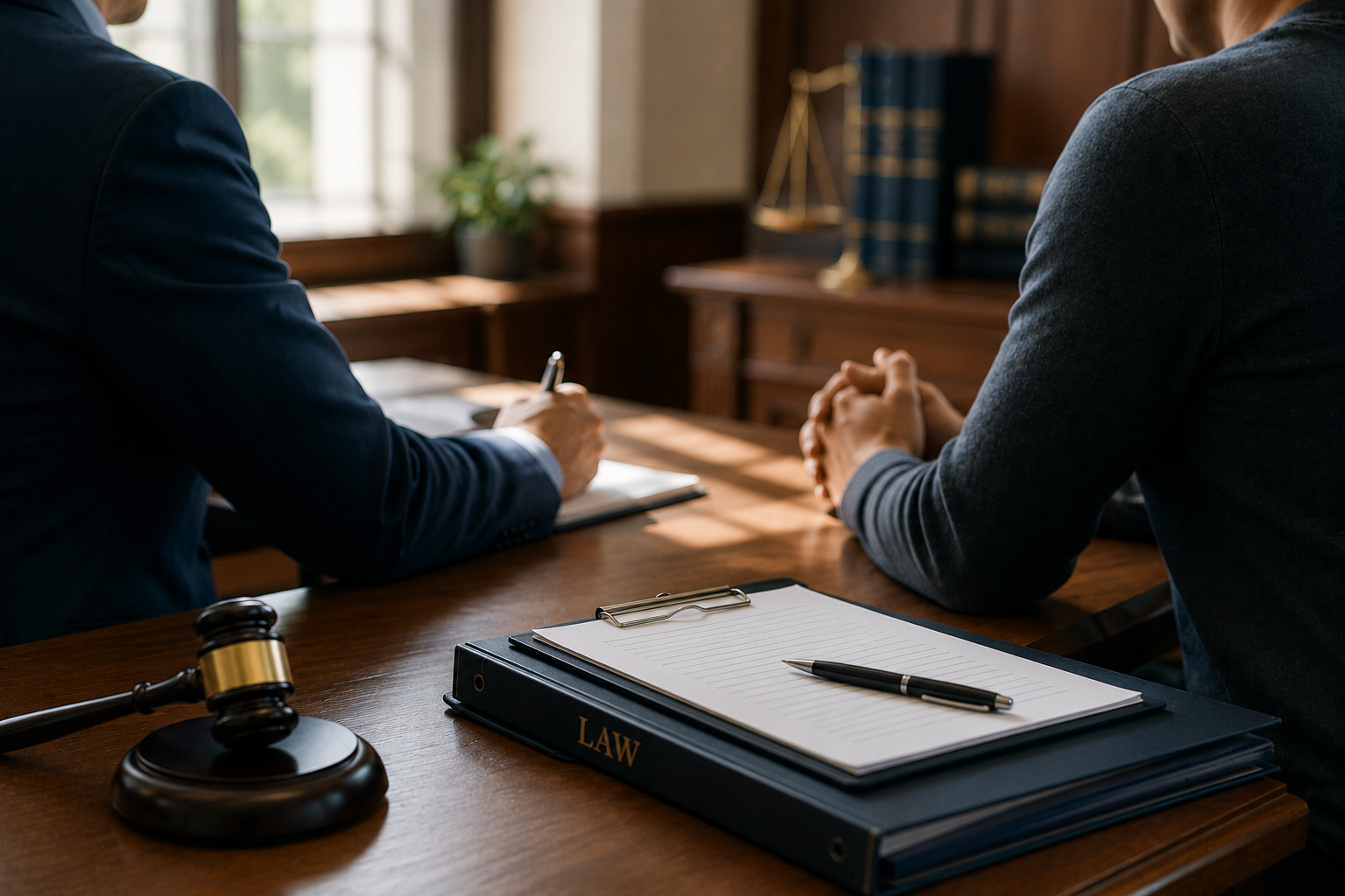 Two men in a law office, one writing notes and the other with folded hands, with a gavel and law book on table.
