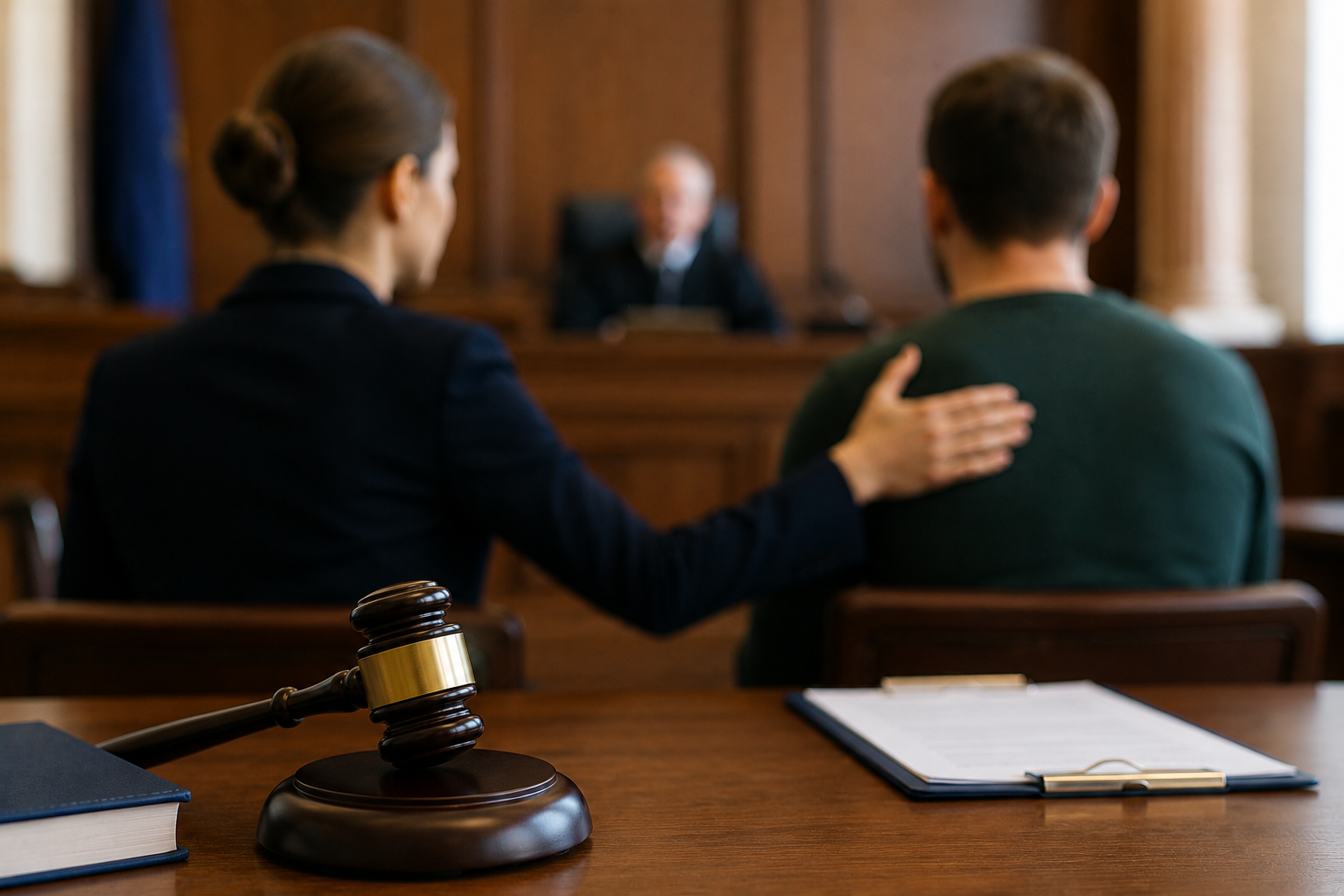 Woman in courtroom comforting a man seated next to her, with judge blurred in the background.