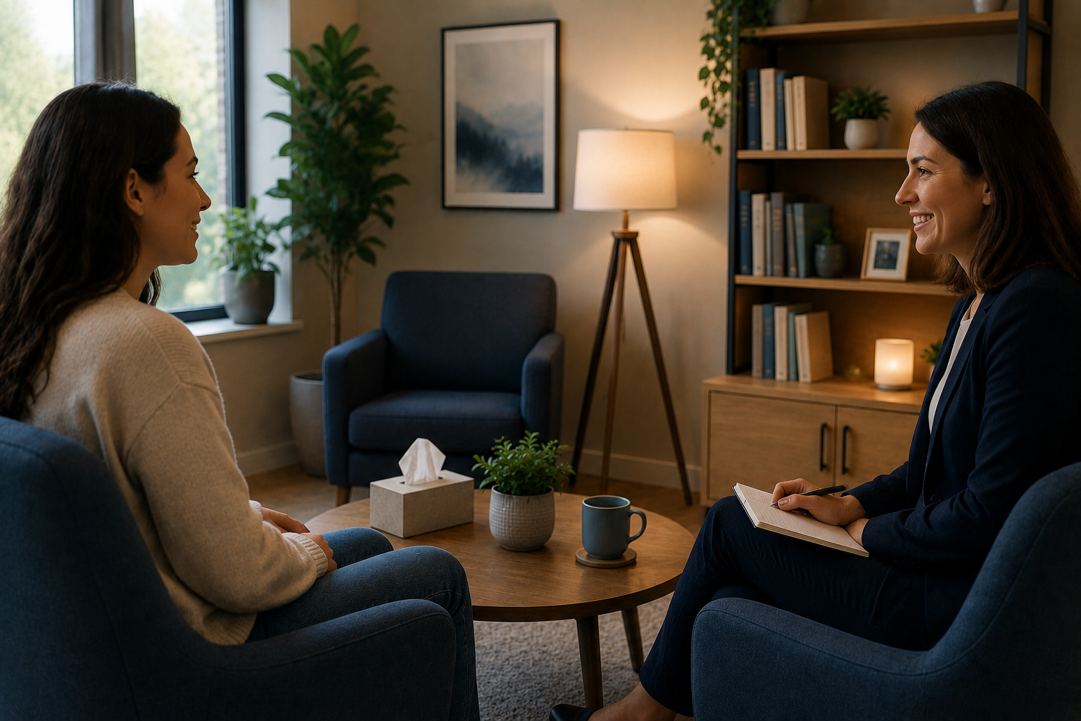 Two women seated in blue chairs facing each other in a cozy room, one holding a notebook and pen.