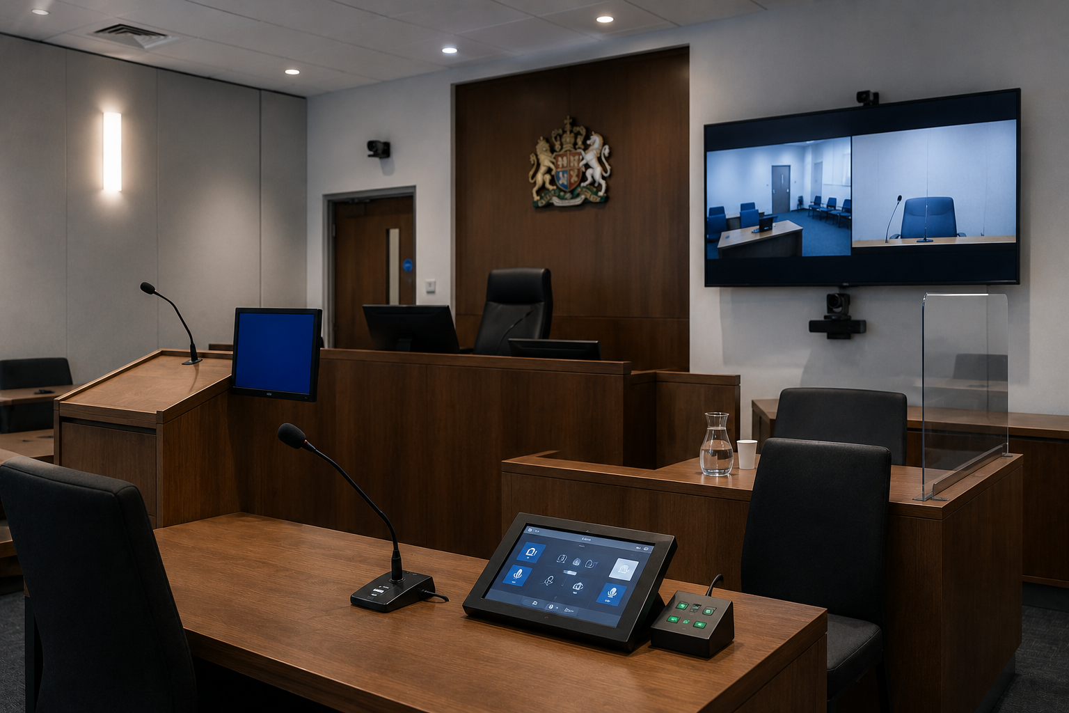 Modern courtroom with wooden desks, microphones, monitors, and video screens displaying empty rooms.