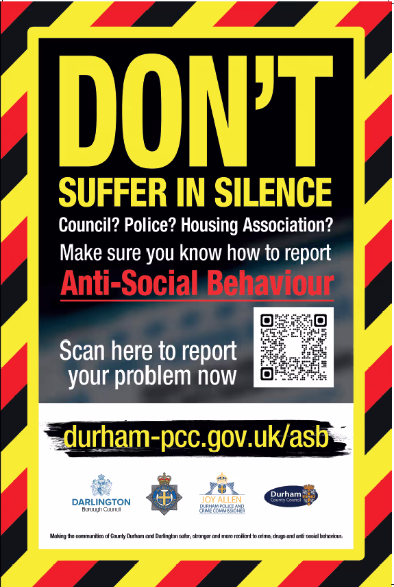Poster urging to report anti-social behaviour, with QR code and link to durham-pcc.gov.uk/asb.