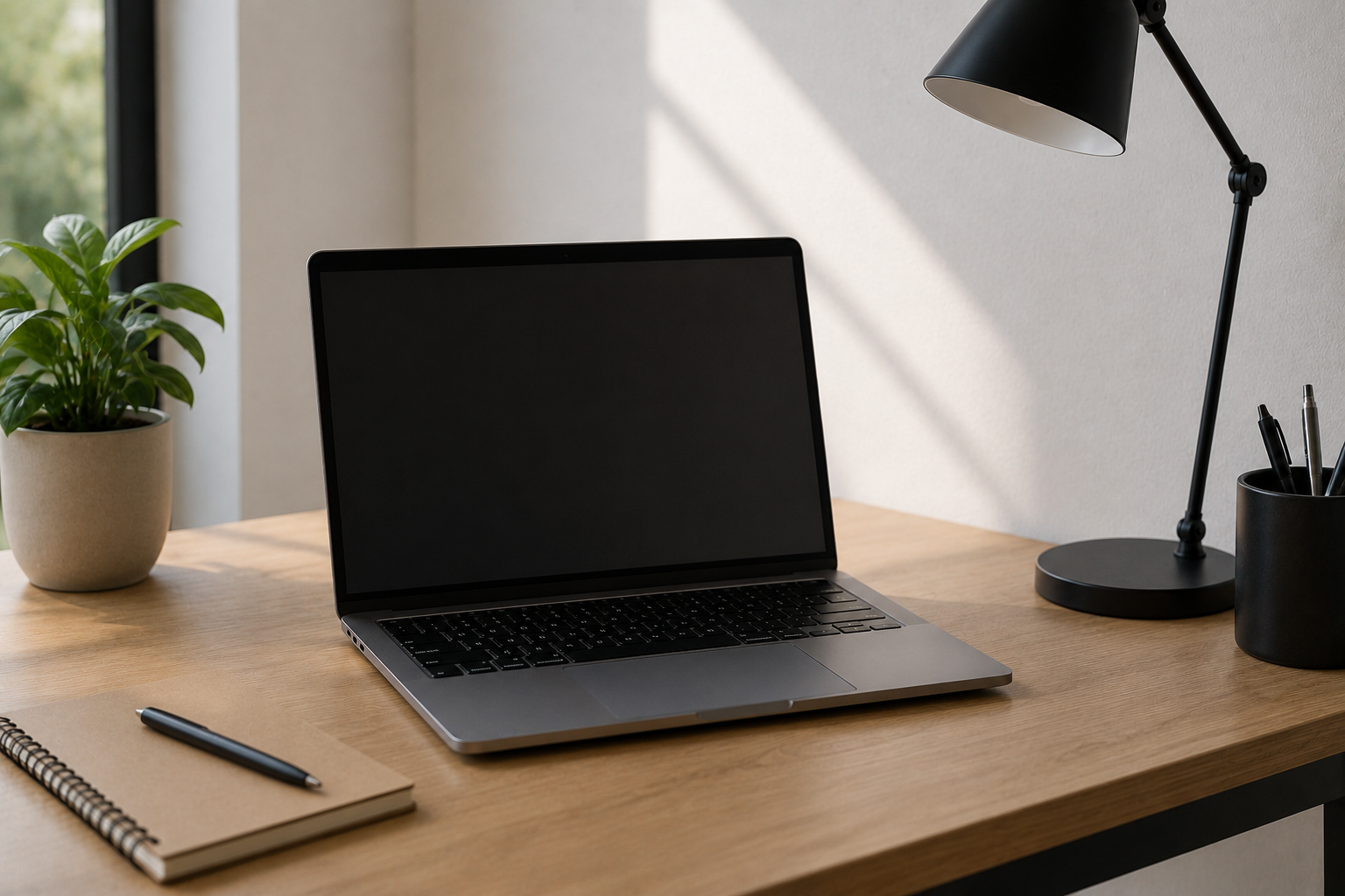 Laptop with black screen on wooden desk with plant, notebook, pen, black lamp, and pen holder.