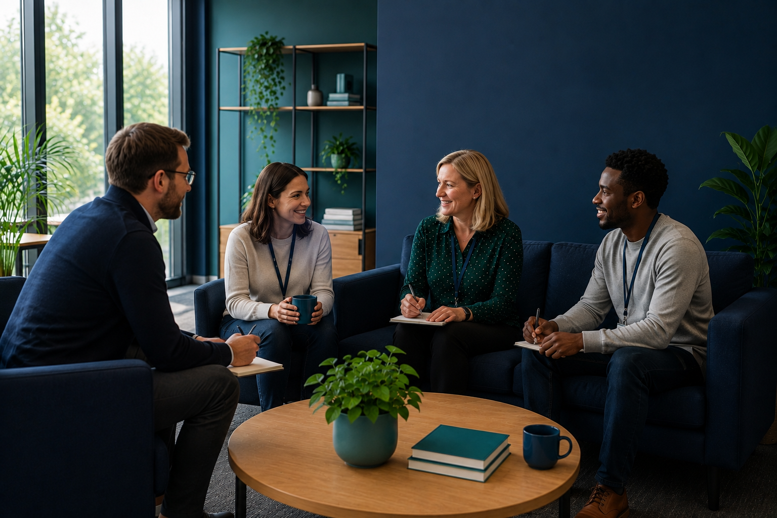 Four diverse coworkers sitting in a modern office discussing with notebooks and coffee mugs.