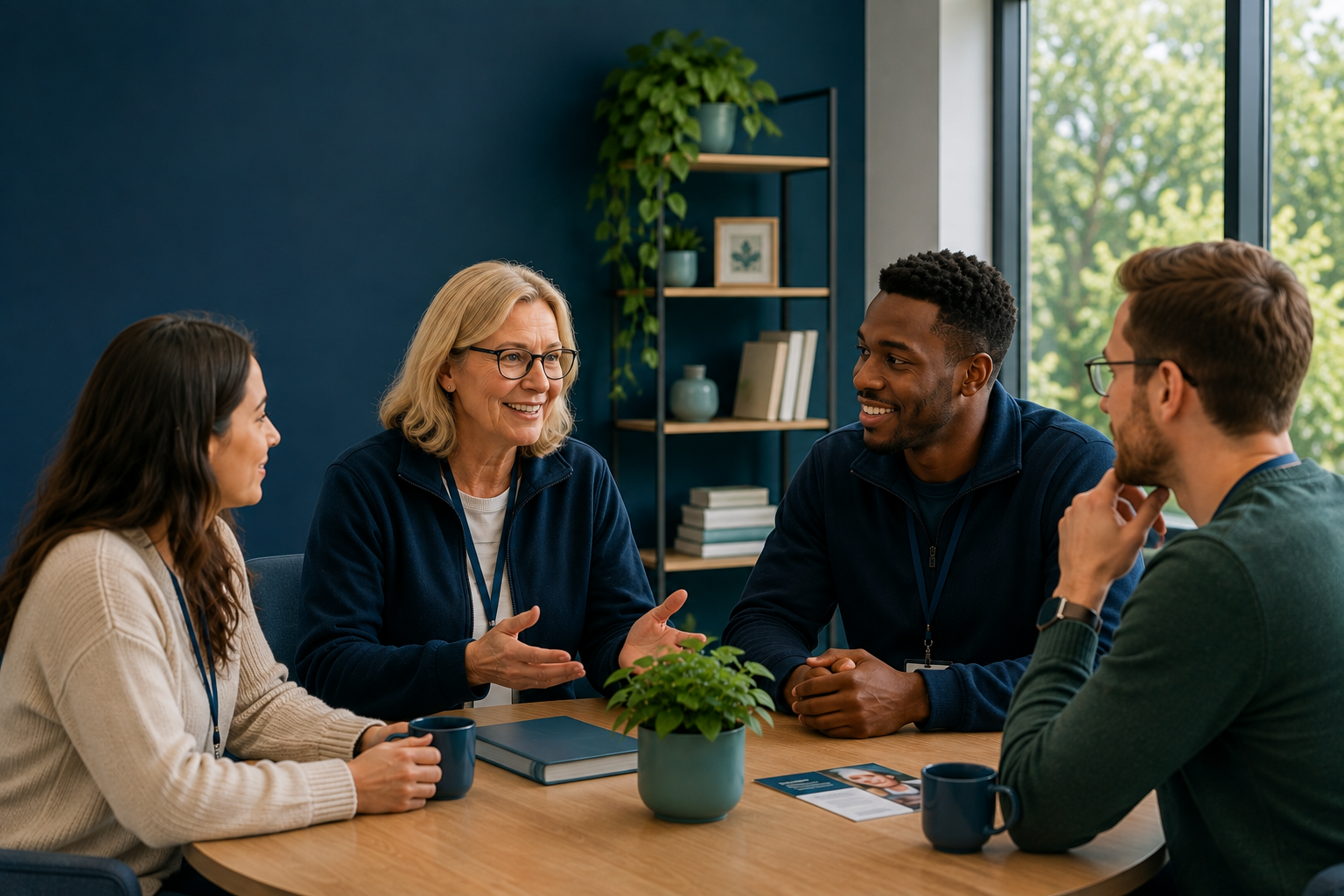 Four people sitting around a table, smiling and talking in a bright room with a plant on the table.