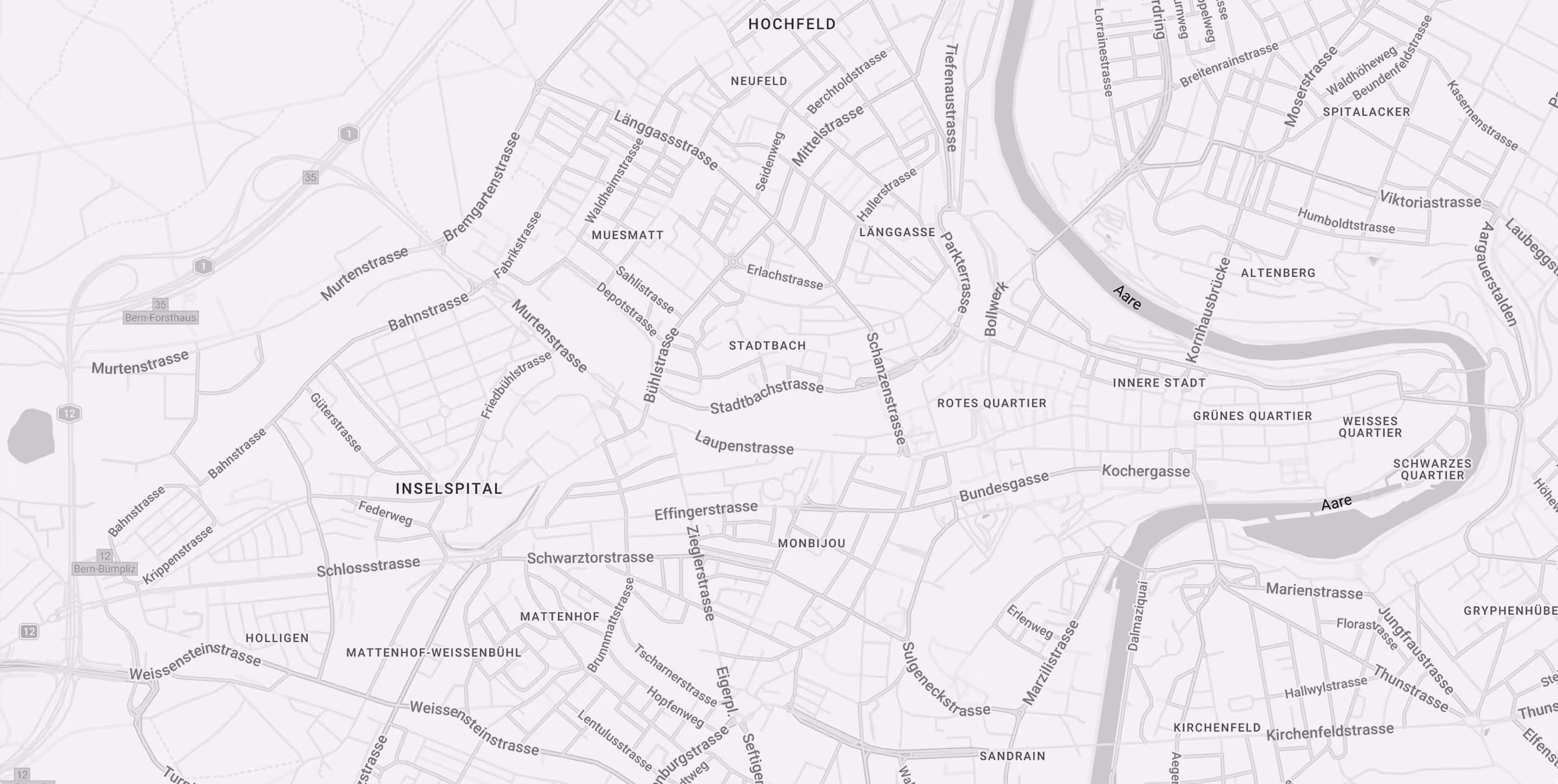 Kartenansicht von Bern mit Straßen- und Bezirksnamen in schwarz auf grauem Hintergrund.