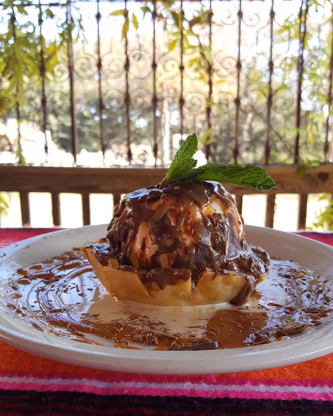 Ice cream scoop with chocolate sauce in a crispy shell cup garnished with a fresh mint leaf on a white plate.