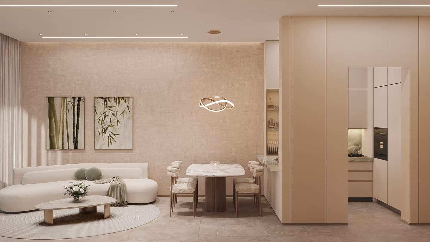 Modern beige living and dining area with white sofa, round rug, marble table, six chairs, and modern light fixture.