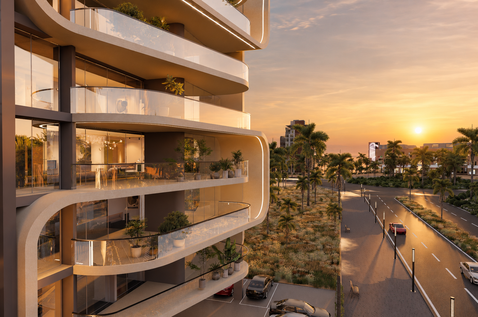 BAMX residential building exterior balconies at sunset