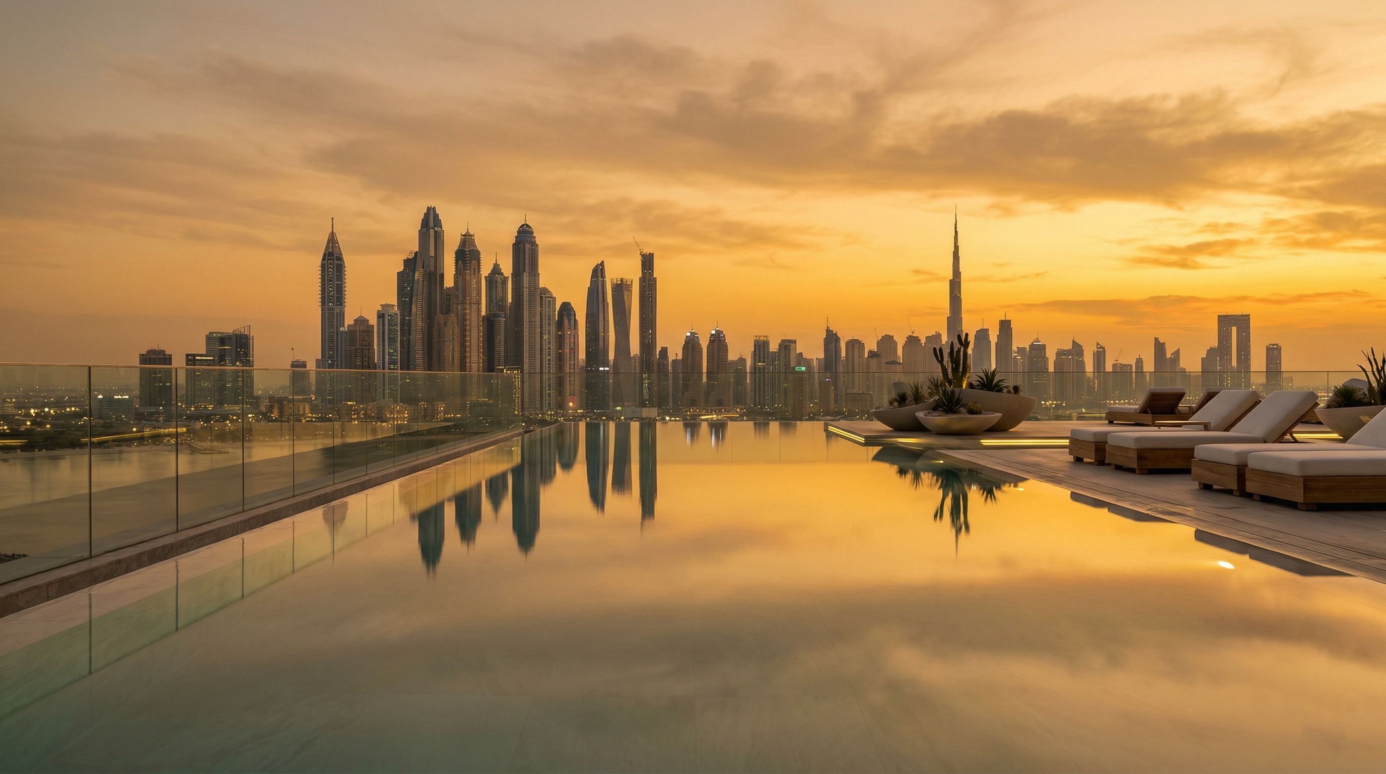 Dubai skyline at sunset with BAMX Developments text.
