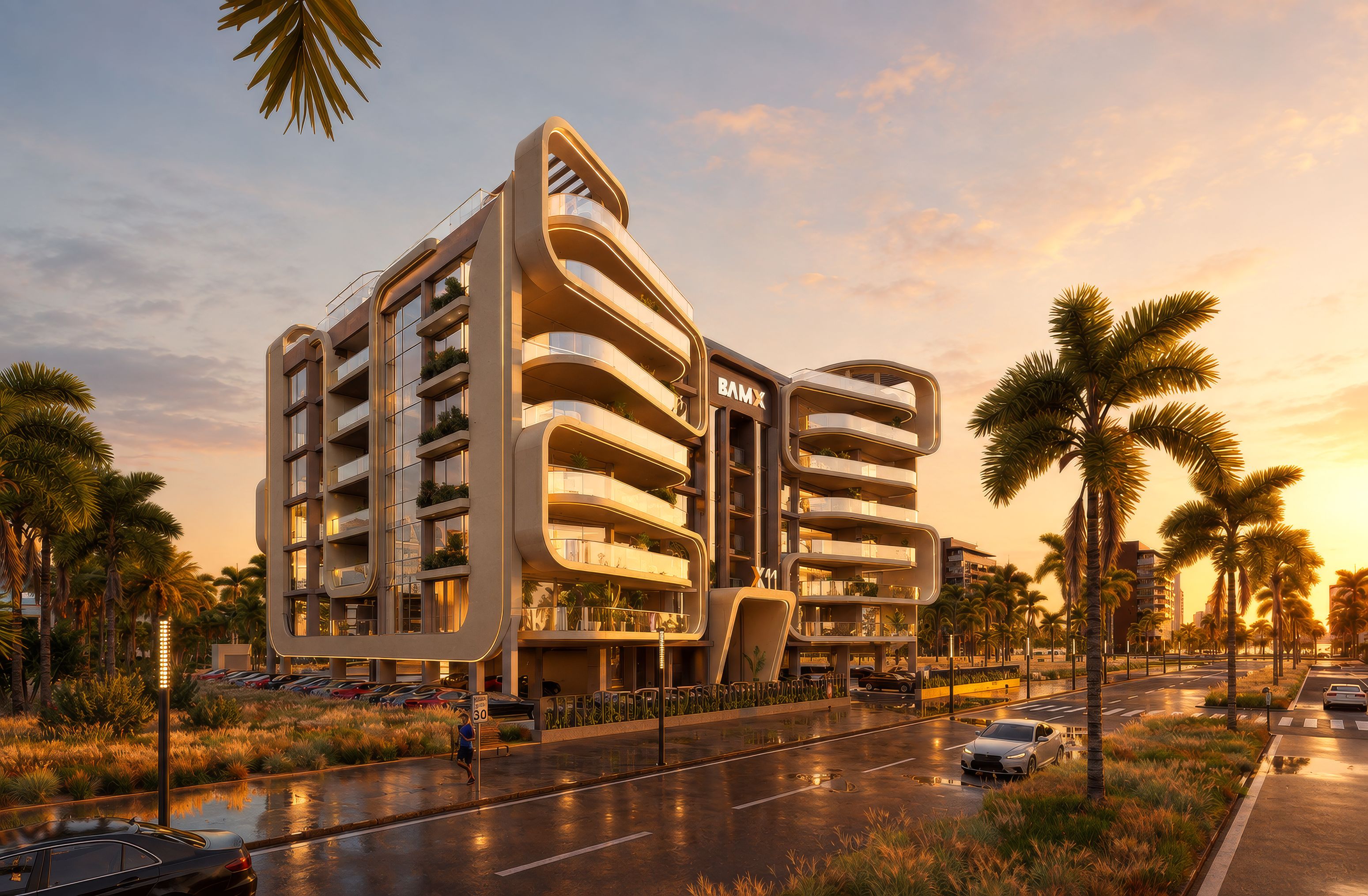 BAMX luxury residential building facade at sunset