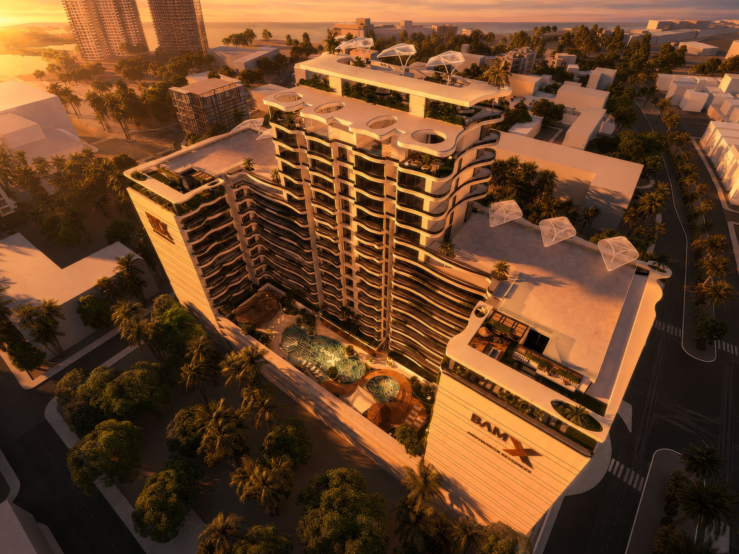 BAMX luxury residential complex aerial view at dusk