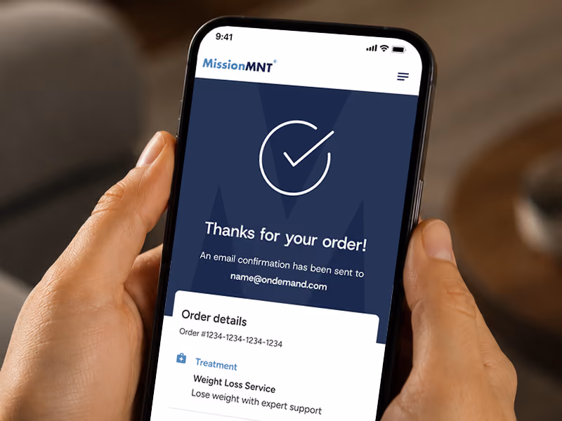 Phone screen showing order confirmation for Mounjaro KwikPen 2.5mg with delivery details in London.