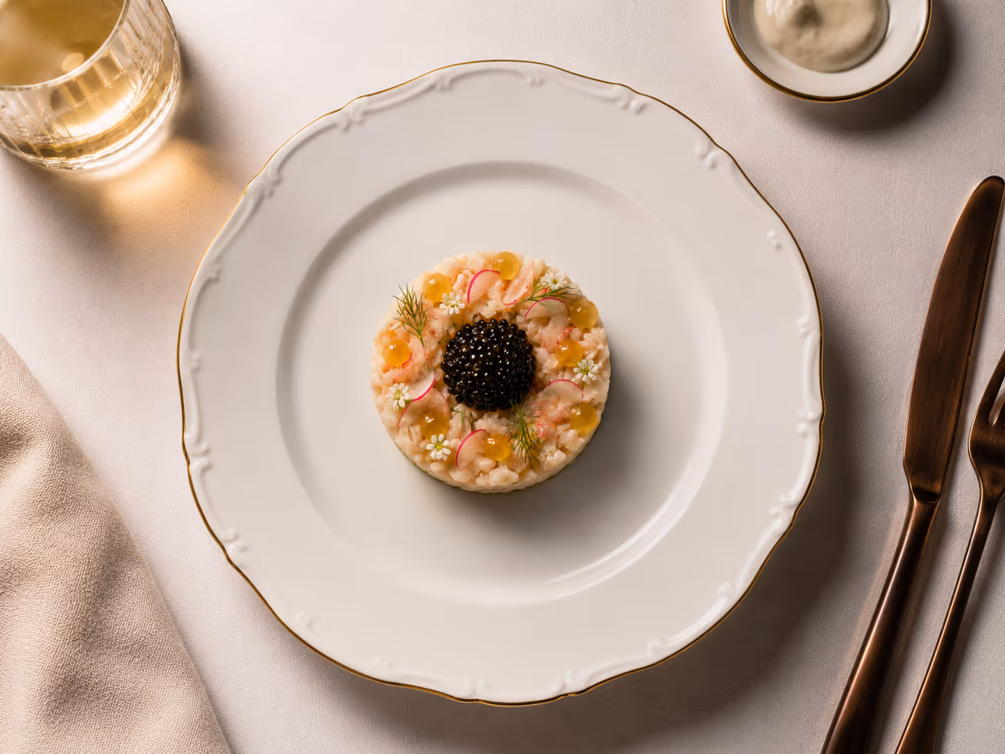 Gourmet dish with shrimp, radish, herbs, yellow gel beads, and black caviar on white plate with gold trim.