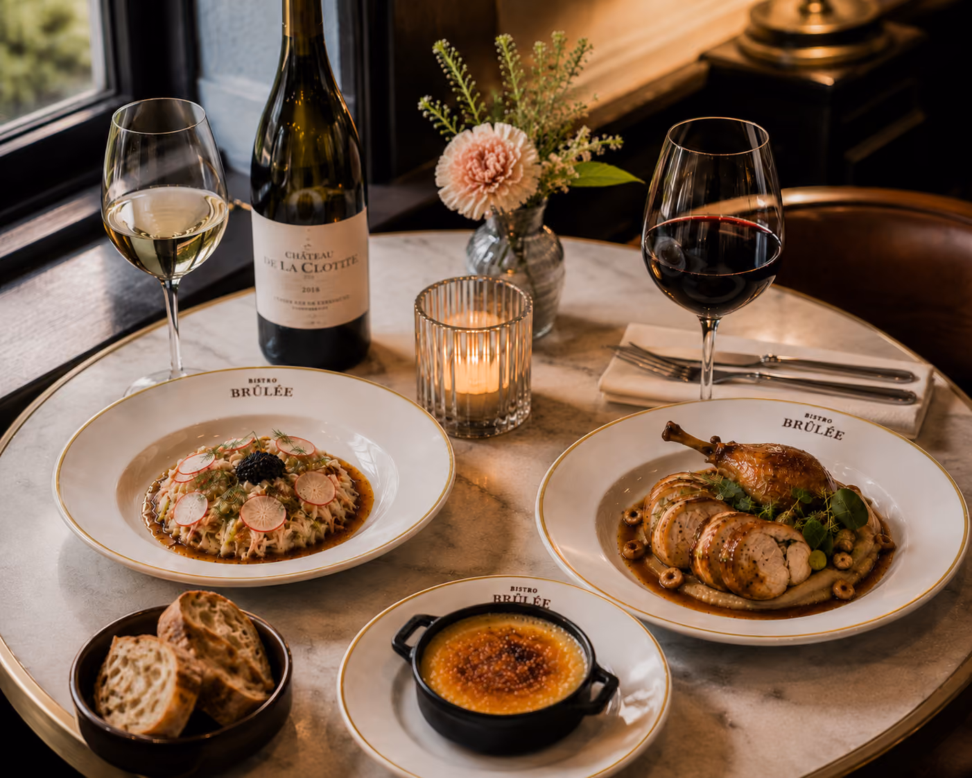 Table with two gourmet dishes, crème brûlée, sliced bread, white and red wine glasses, and a flower vase.