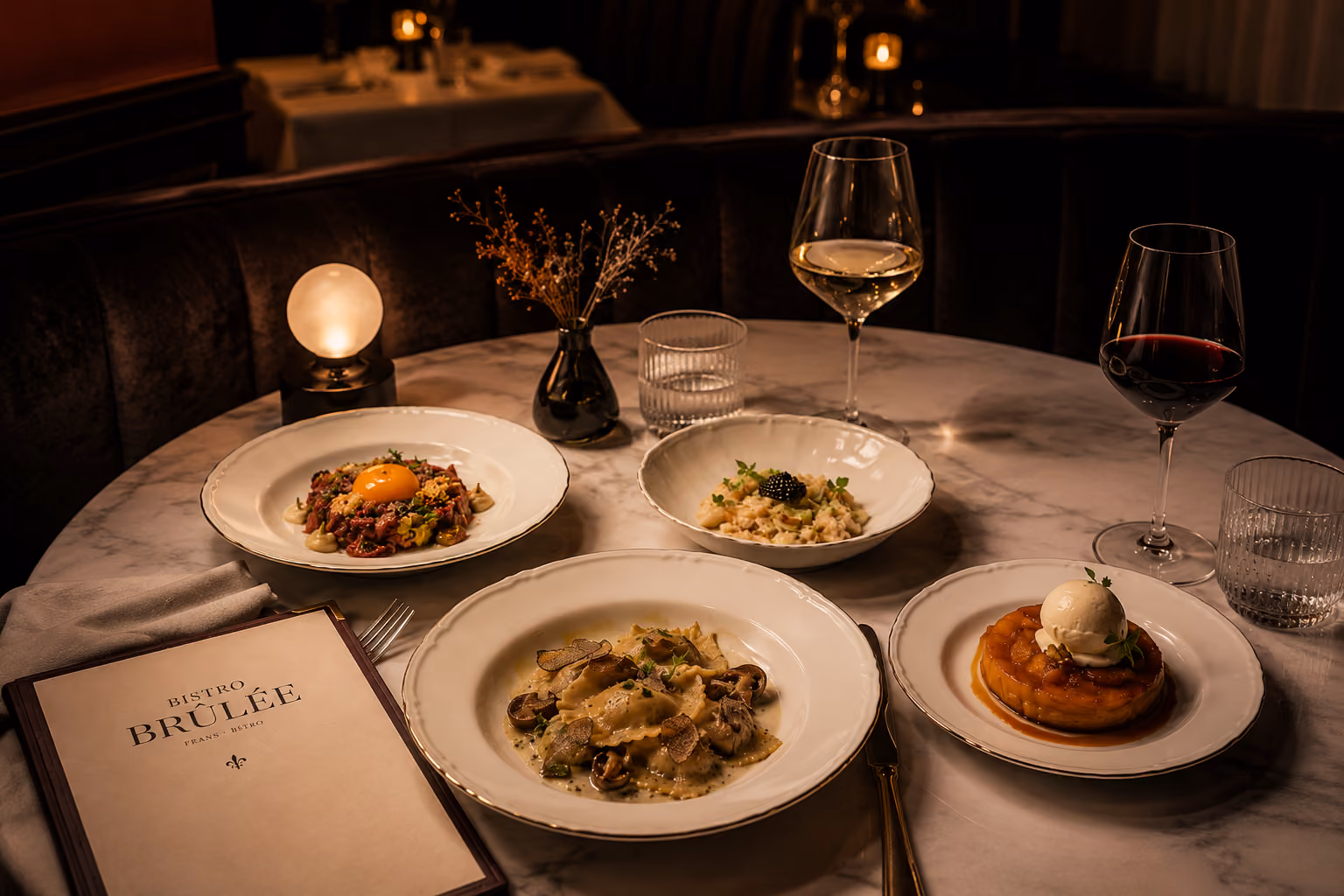 Table with gourmet dishes: ravioli, tartare, risotto, dessert, two wine glasses, and a Bistro Brûlée menu.