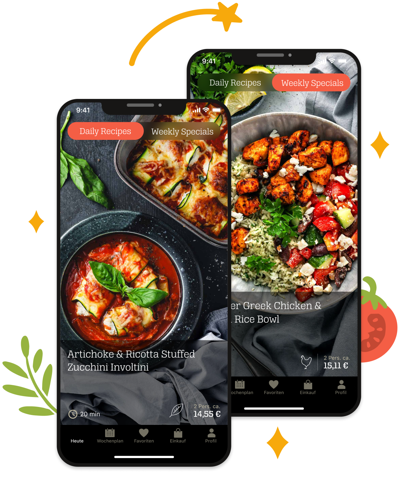 2 Phones with the KptnCook App, showing 2 delicious recipes, full screen
