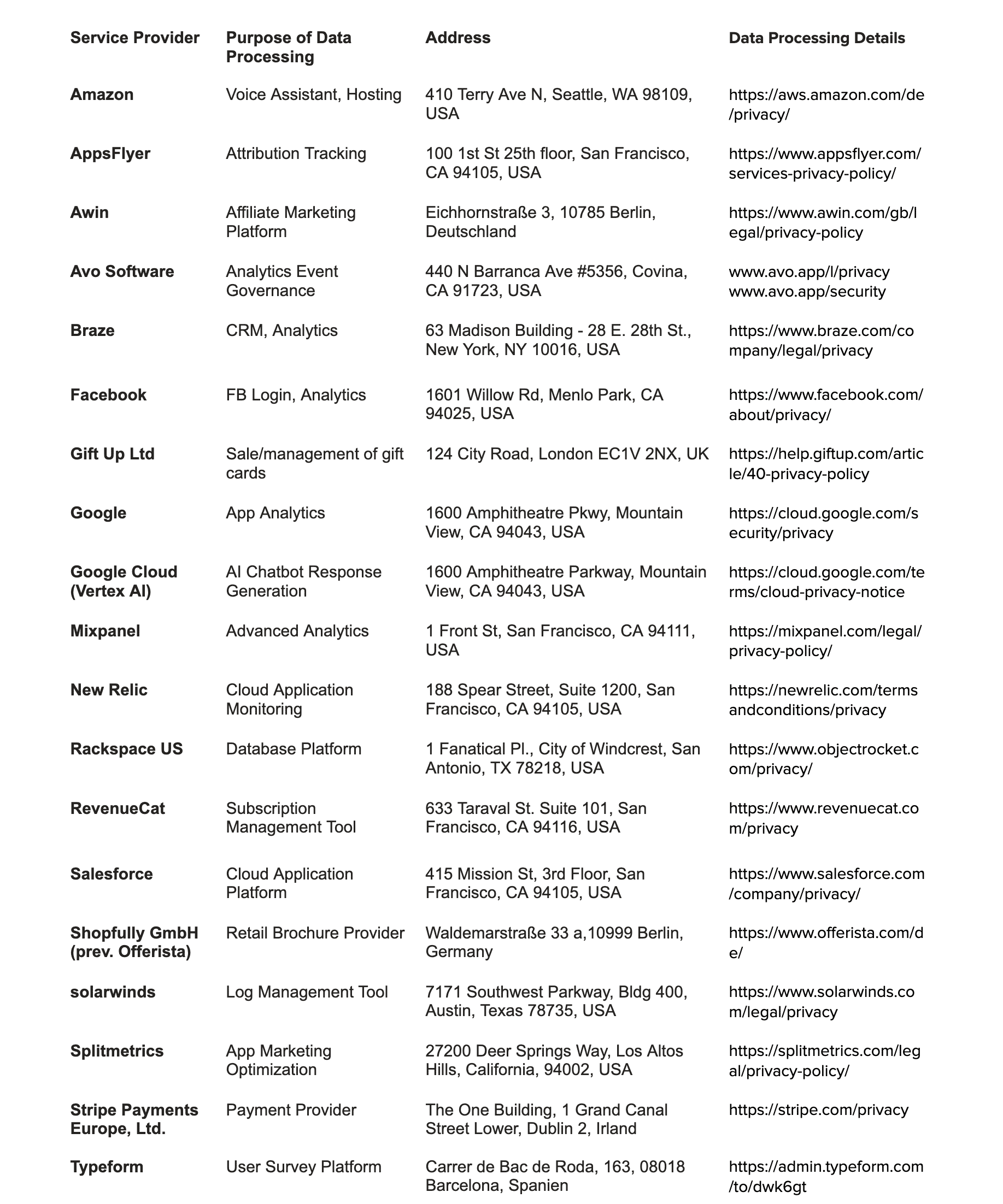 Table of third-party service providers with access to personal data