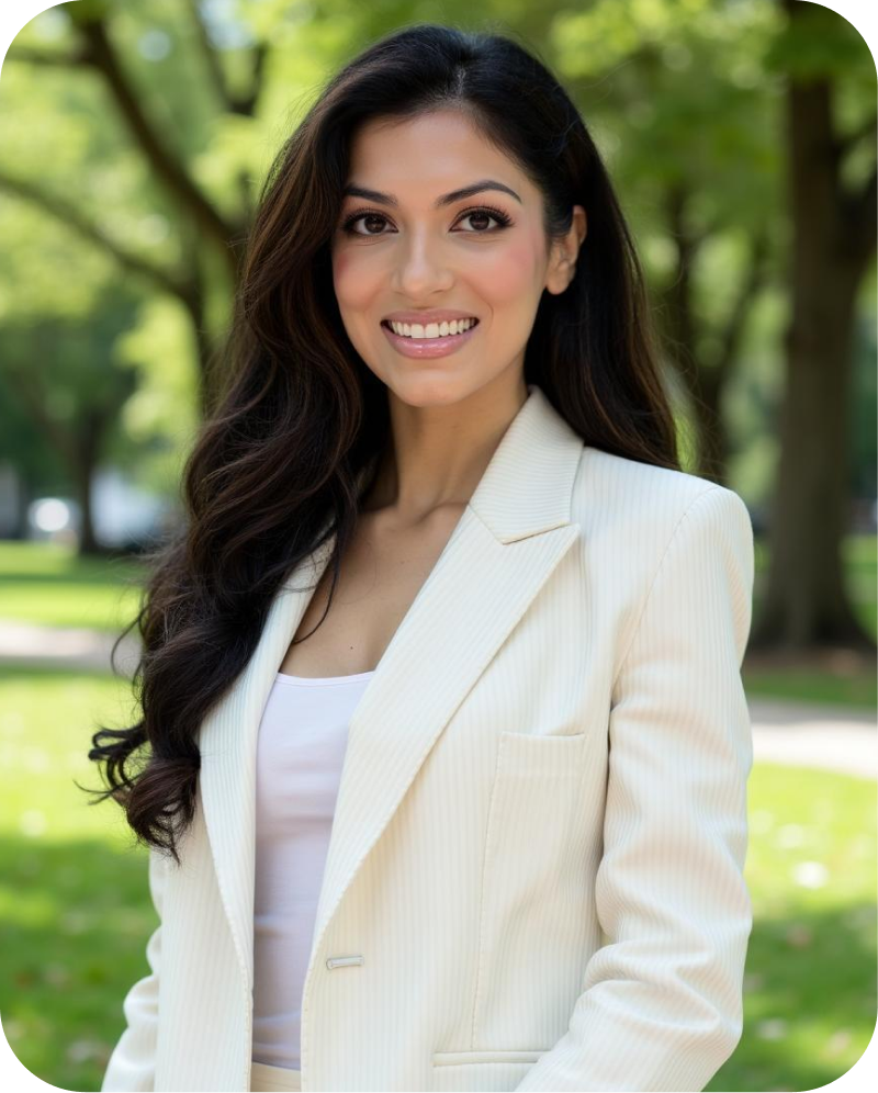 Smiling woman with long dark hair wearing a white blazer, standing outdoors among green trees