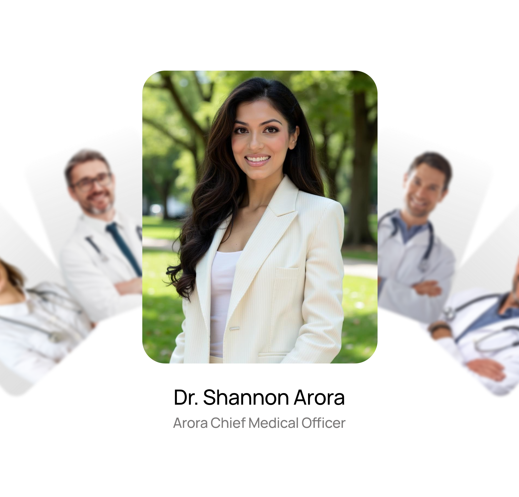 Portrait card of Dr. Shannon Arora, Chief Medical Officer, smiling outdoors in a white blazer, with blurred photos of other doctors in the background