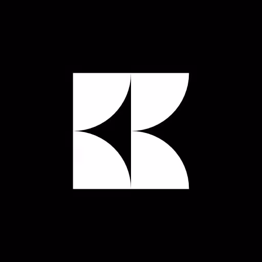 Minimalist white geometric shape with two curved sections forming a stylized letter K on black background.