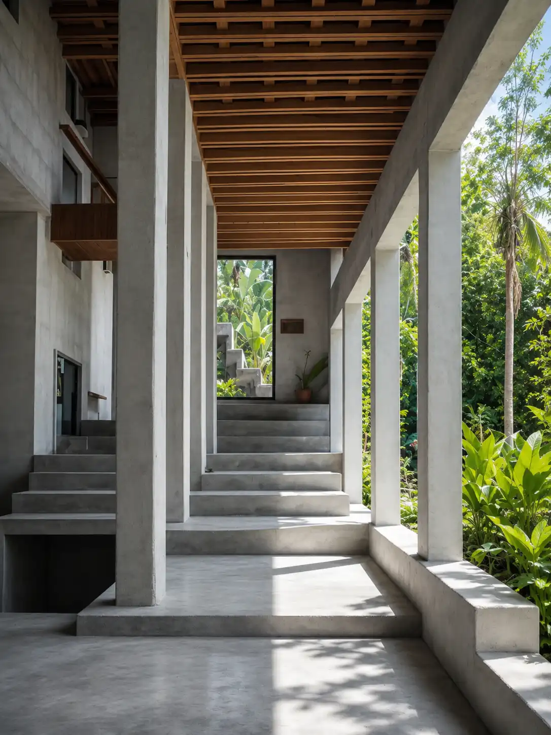 Modern concrete staircase and pillars with wooden ceiling next to lush green outdoor plants.