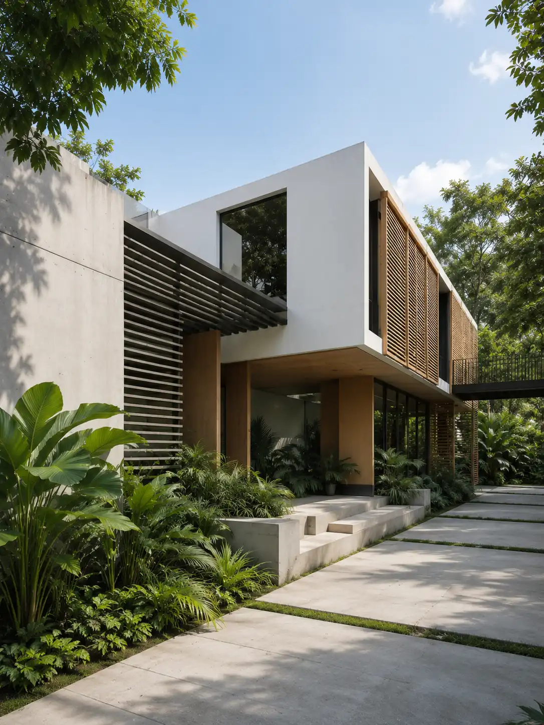 Modern two-story house with large windows, wooden slats, and lush green landscaping.
