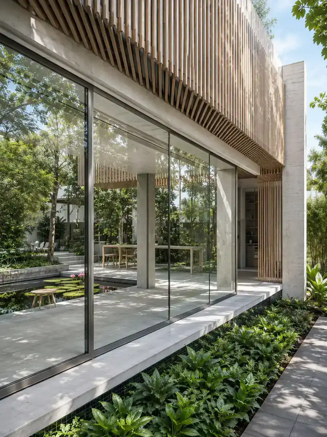 Modern house with large glass windows reflecting greenery, a water feature, and vertical wood slats above.