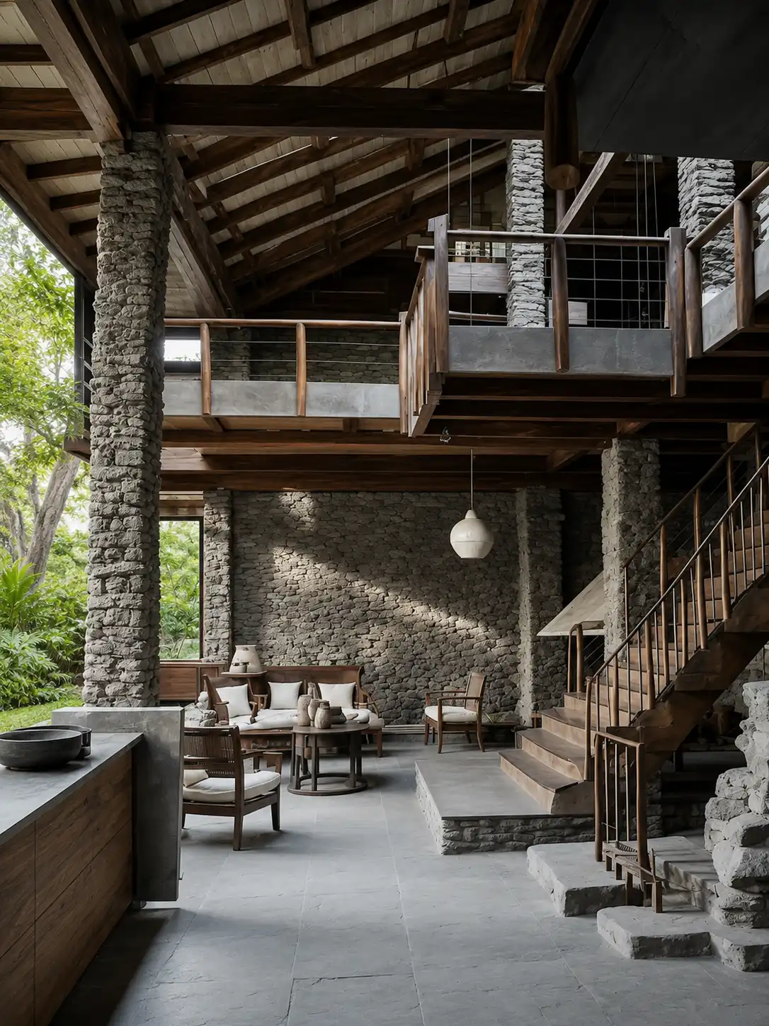 Modern rustic living room with stone walls, wooden beams, stairs, and mid-century furniture by greenery.