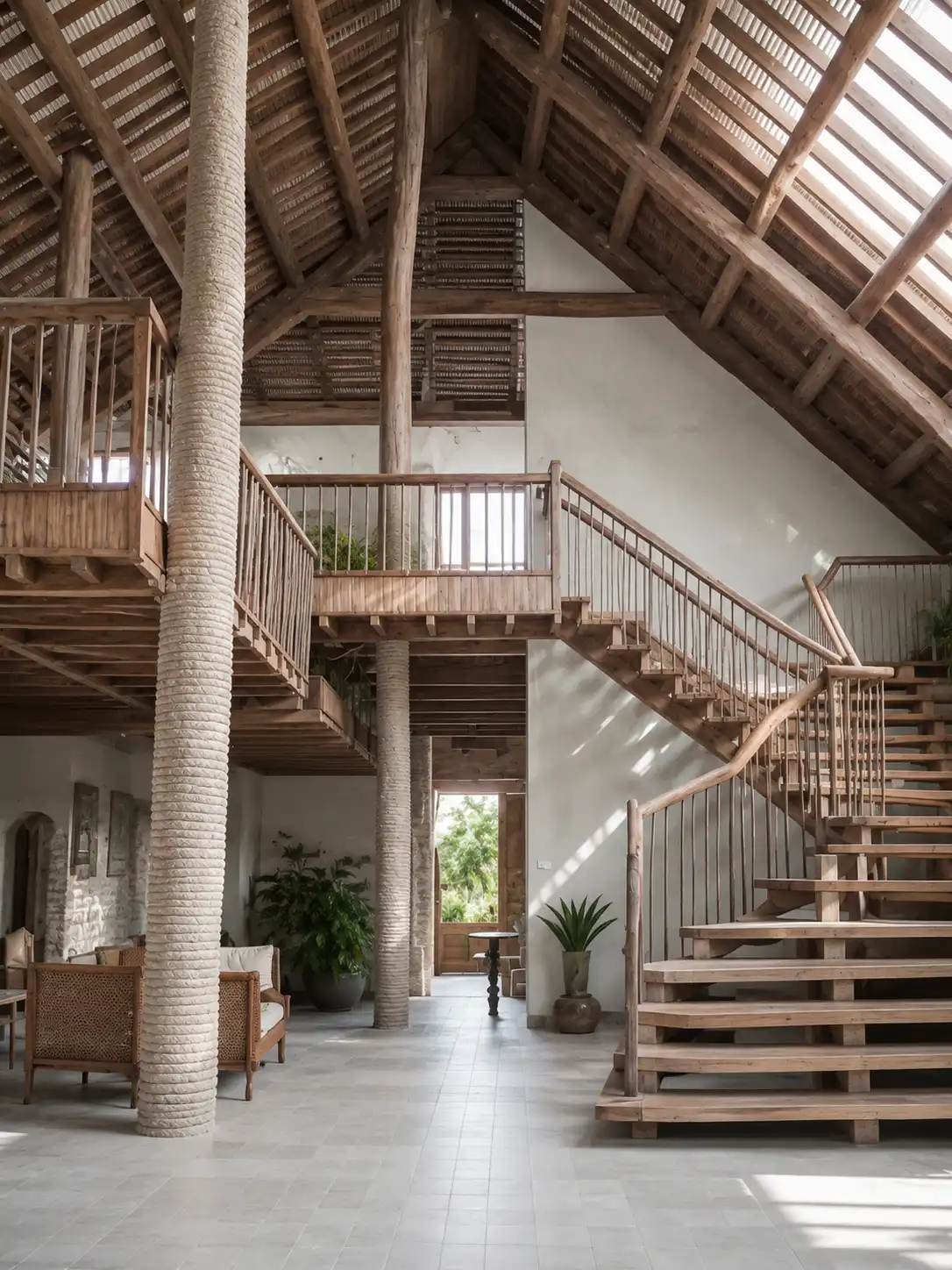 Spacious interior with wooden staircase, loft area, large woven columns, and muted furniture under a sloped roof.