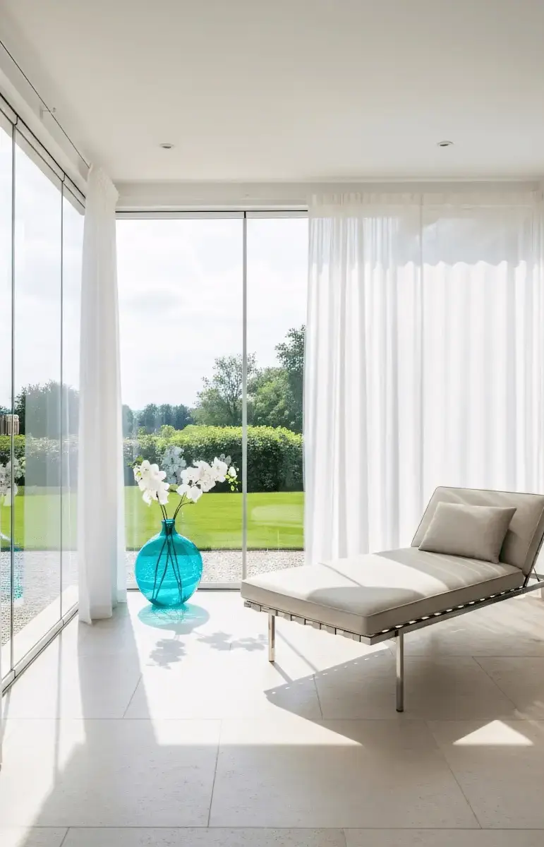 Bright room with a chaise lounge and a blue vase holding white flowers by floor-to-ceiling windows.