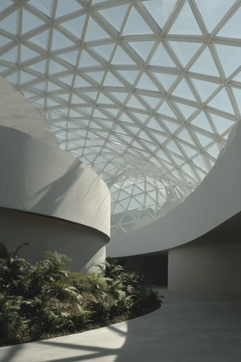 Indoor space with curved walls, plants, and a geometric glass ceiling letting in natural light.