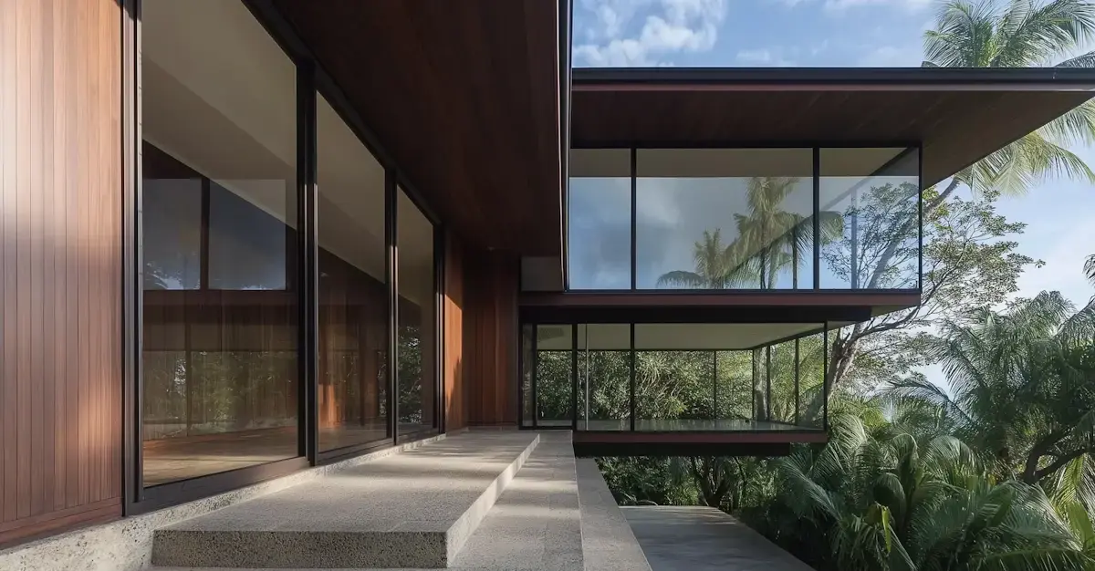 Modern house with large glass walls overlooking lush tropical greenery and palm trees.