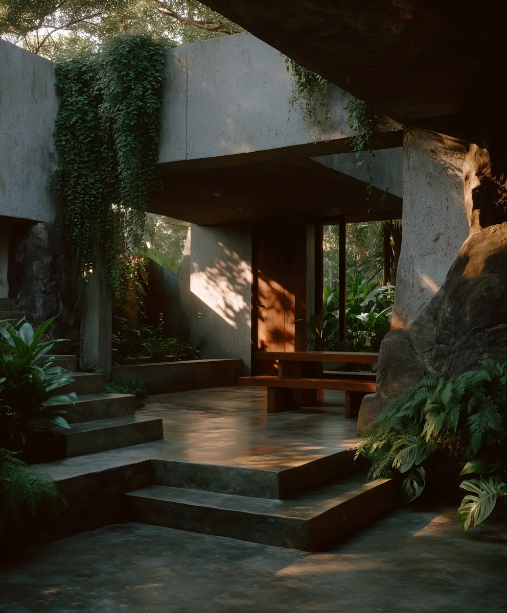 Modern concrete patio with stairs surrounded by lush green plants and soft sunlight shadows.