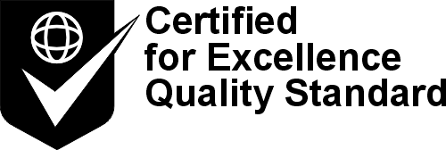 Certified for Excellence Quality Standard badge with checkmark and globe icon.
