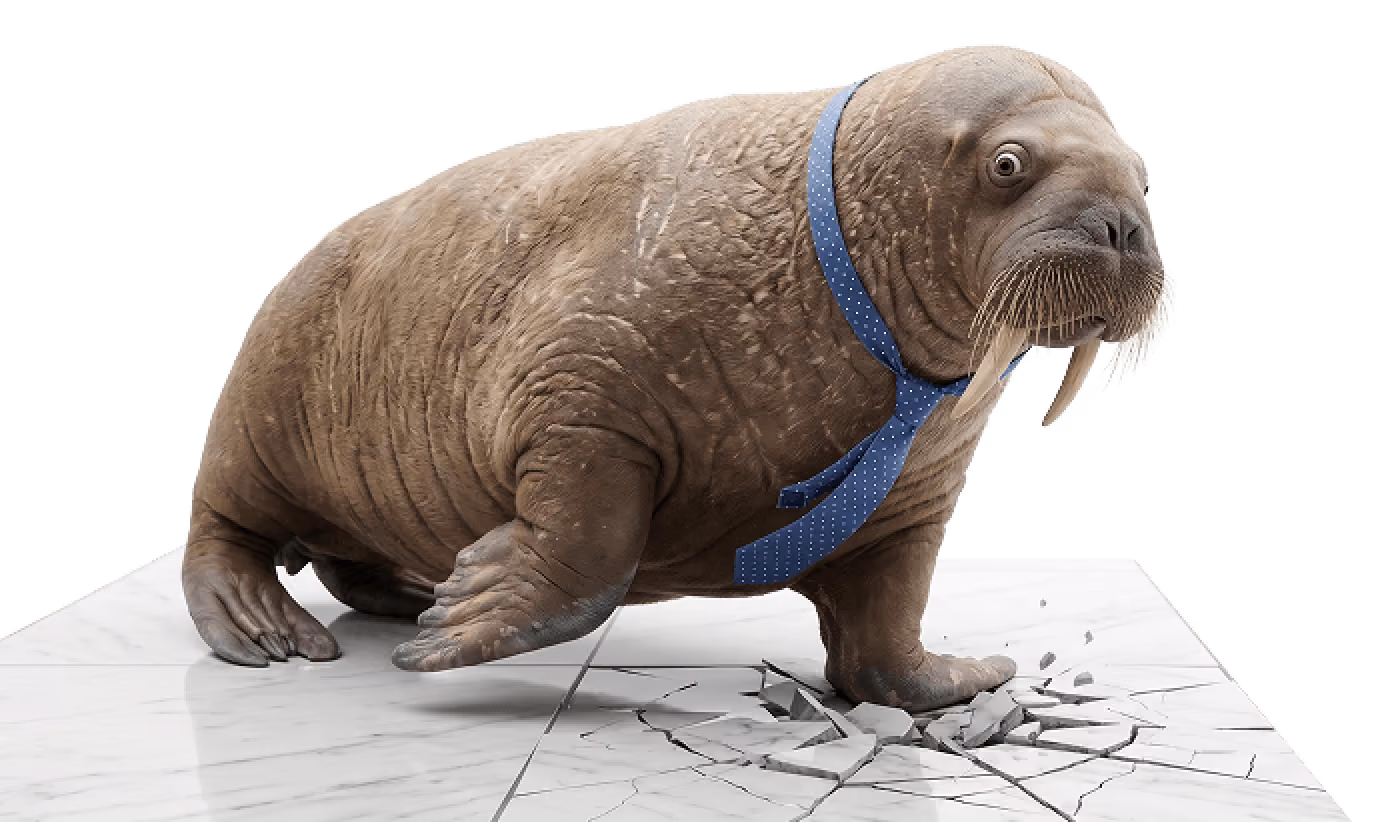 A walrus wearing a blue necktie standing on cracked white marble flooring.