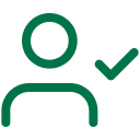 a green line drawing of a person's head and shoulders with a check mark to the right