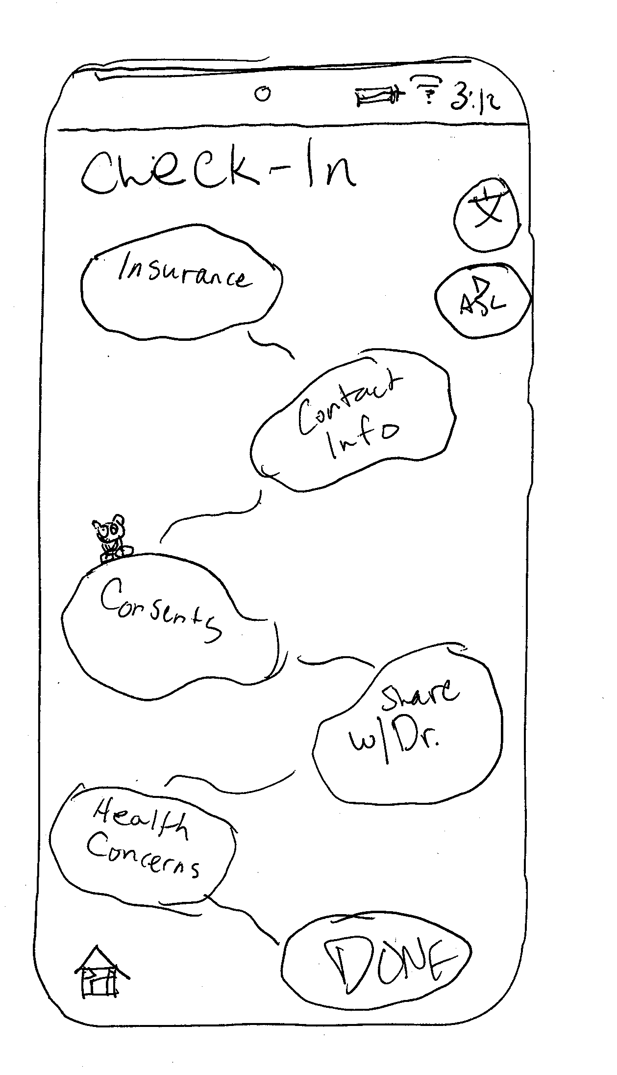A pen and paper sketch of a check-in screen designed to look like lily pads with a frog as a progress marker.