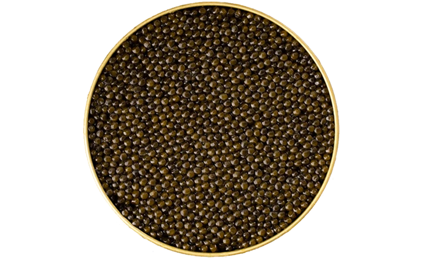 Lattina aperta di caviale Royal Premium con grani marrone-olivastri uniformi