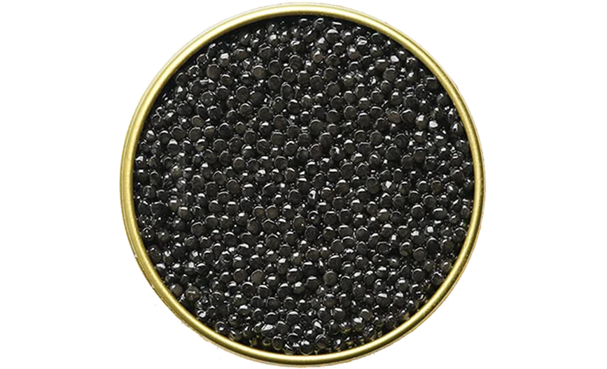 Lattina aperta di caviale Beluga premium con grani neri lucidi