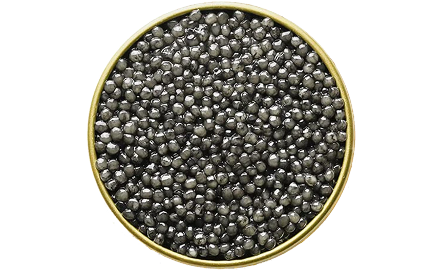 Latta aperta di caviale Beluga Imperial con grani grigio-argento e bordo oro