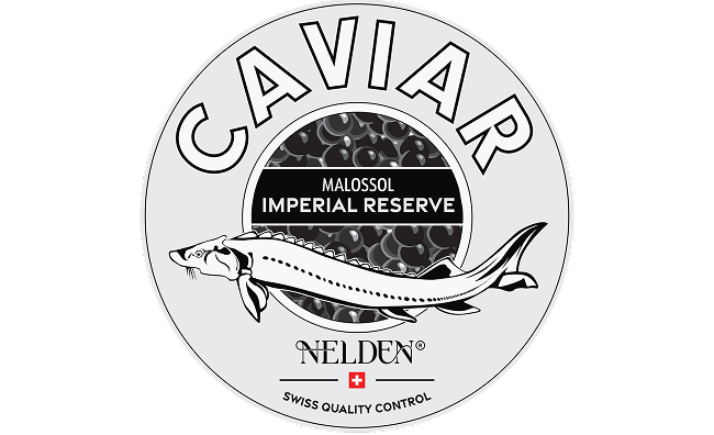 Etichetta caviale premium Nelden Imperial Reserve Malossol Swiss Quality Control