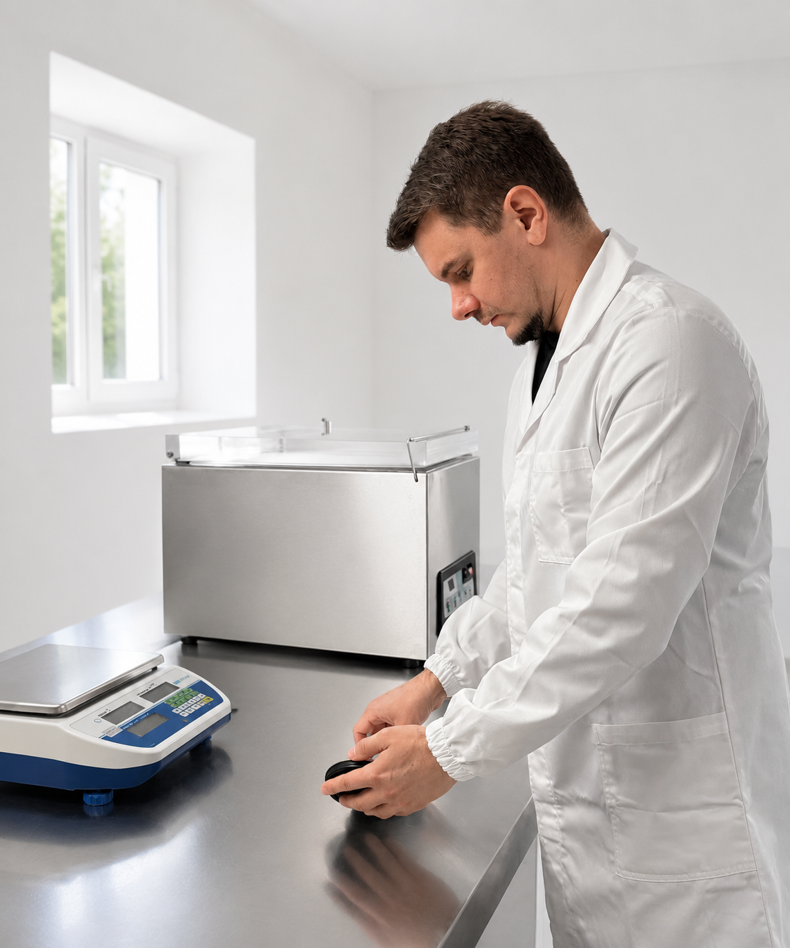 Operatore in camice bianco confeziona caviale premium in laboratorio Nelden Caviar