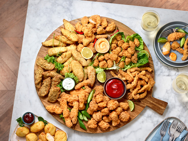 Vista Foods coated chicken products on a food service platter