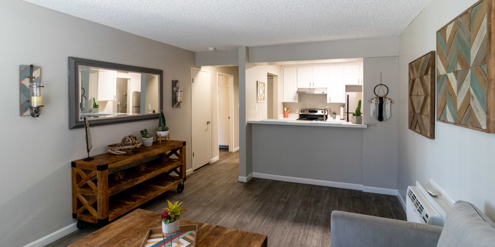 Living area with view into kitchen
