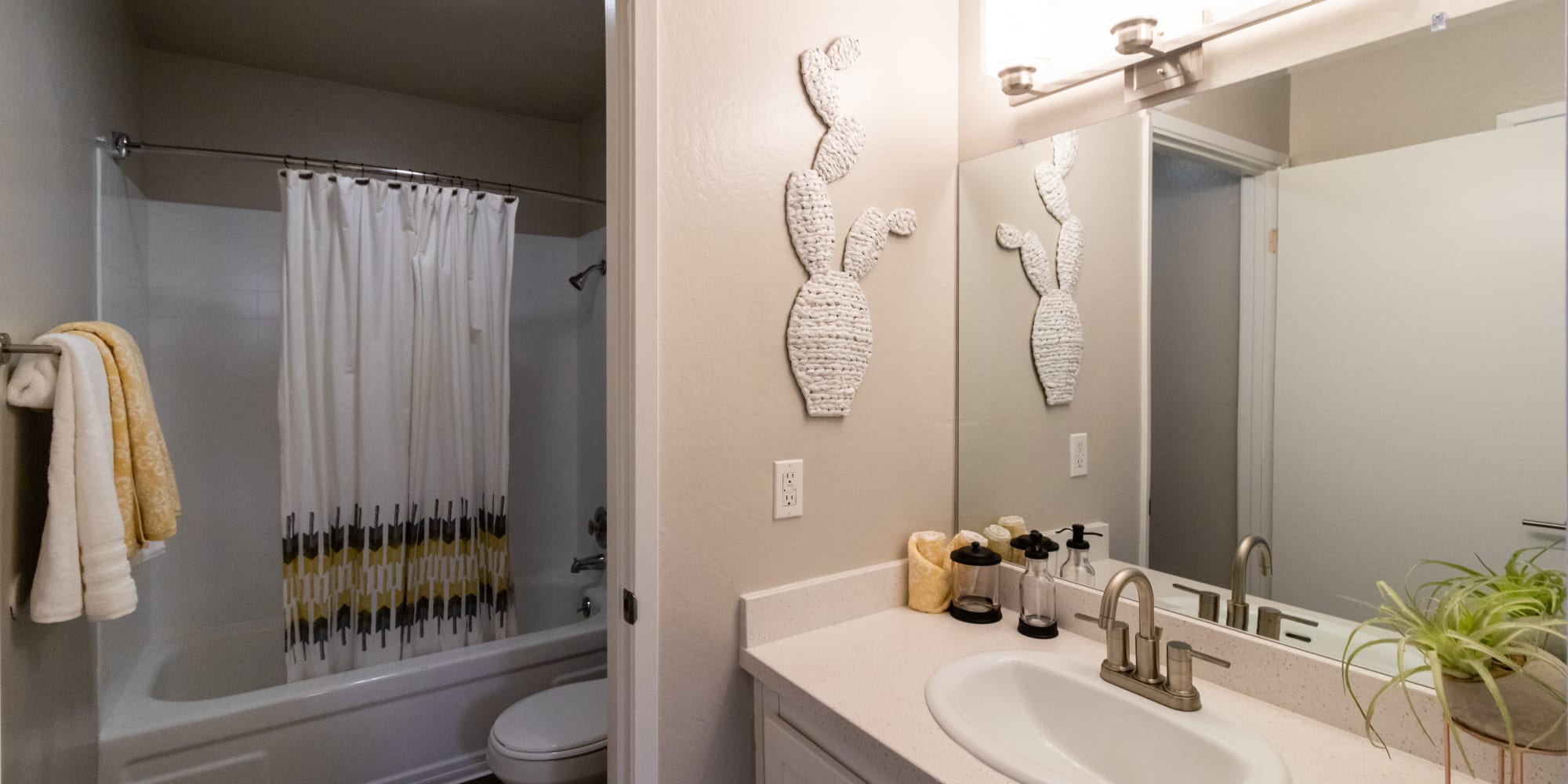 Bathroom with shower tub combo and vanity with mirror