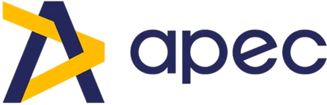 Logo de l'organisation Apec avec un symbole stylisé jaune et bleu foncé à gauche du texte.