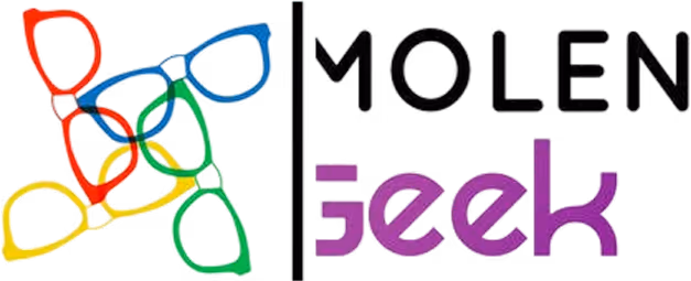 Logo MolenGeek avec des montures de lunettes colorées rouges, bleues, jaunes et vertes entremêlées.