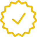 Icône de certification avec une coche dorée dans un cercle étoilé.